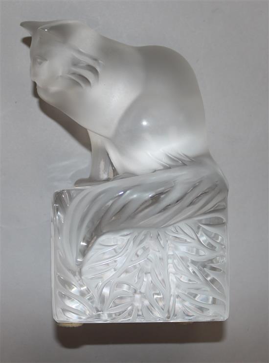 A Lalique frosted glass seated cat on plinth base (boxed with certificate)